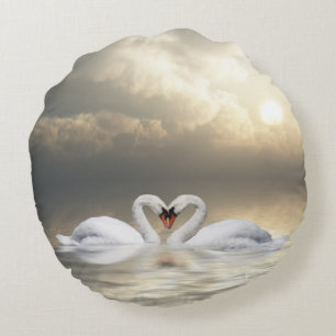 Romantic loving swans round cushion