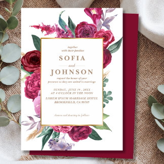 Romantic Luxe Red Maroon Watercolor Floral Wedding Invitation