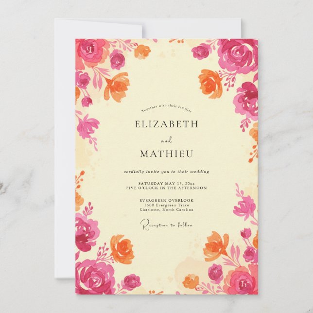 Romantic Magenta Orange Petal Wedding Invitation (Front)