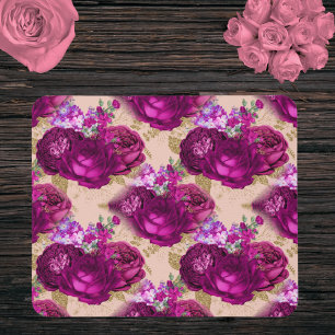 Romantic Magenta Roses and Gold Leaves on Peach Mouse Mat