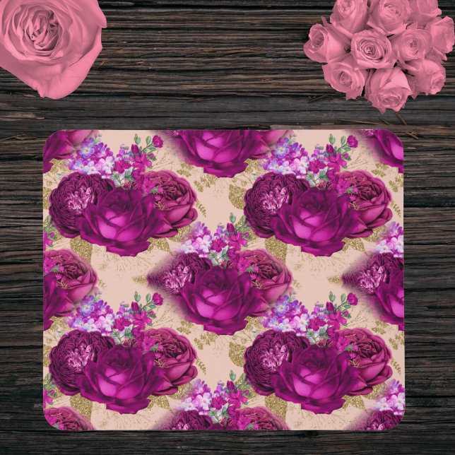 Romantic Magenta Roses and Gold Leaves on Peach Mouse Mat (Creator Uploaded)