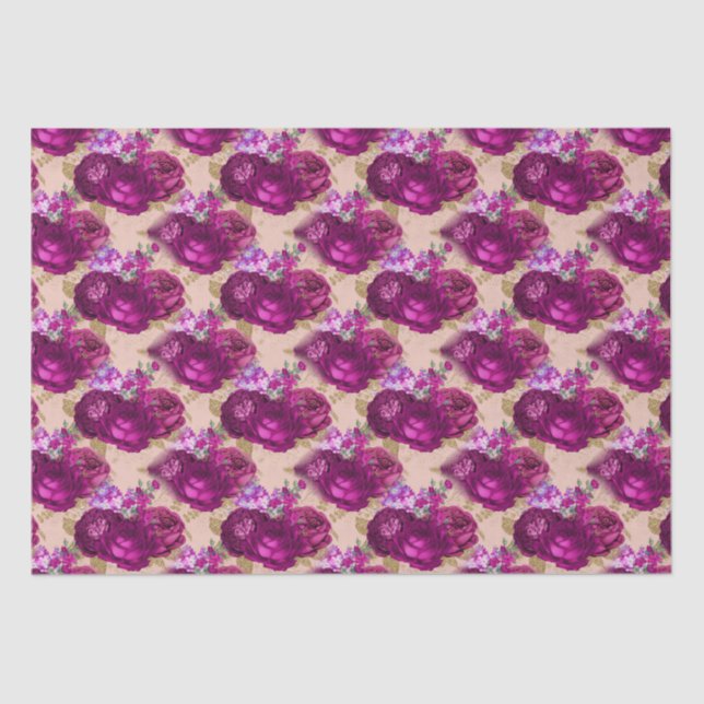 Romantic Magenta Roses and Gold Leaves on Peach Tissue Paper (Front)