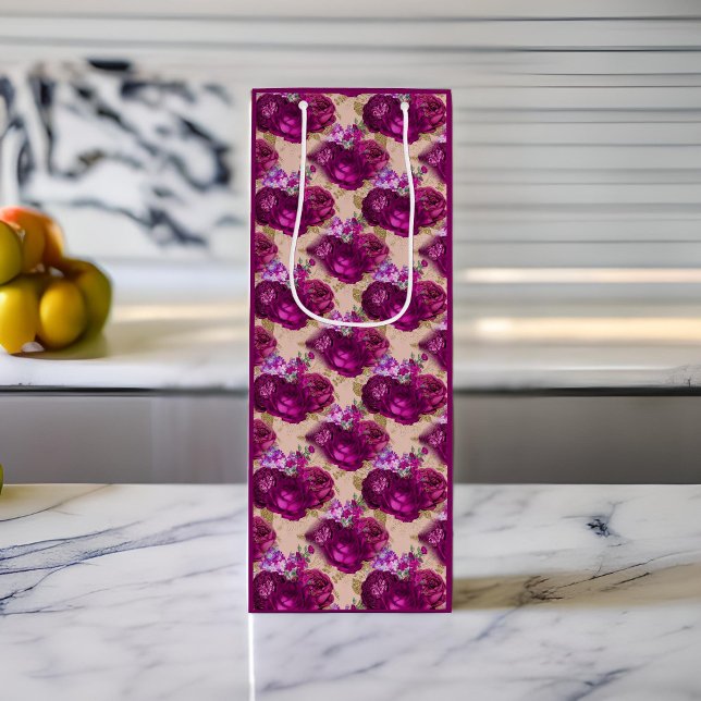 Romantic Magenta Roses and Gold Leaves on Peach Wine Gift Bag (Creator Uploaded)
