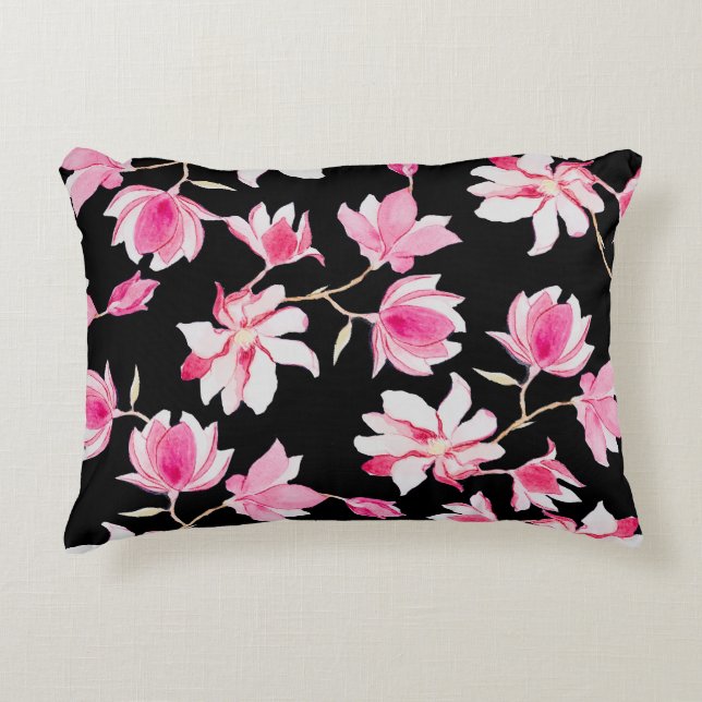 Romantic Magnolia: Black Watercolor Decorative Cushion (Front)