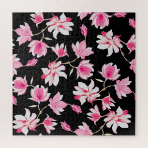Romantic Magnolia: Black Watercolor Jigsaw Puzzle