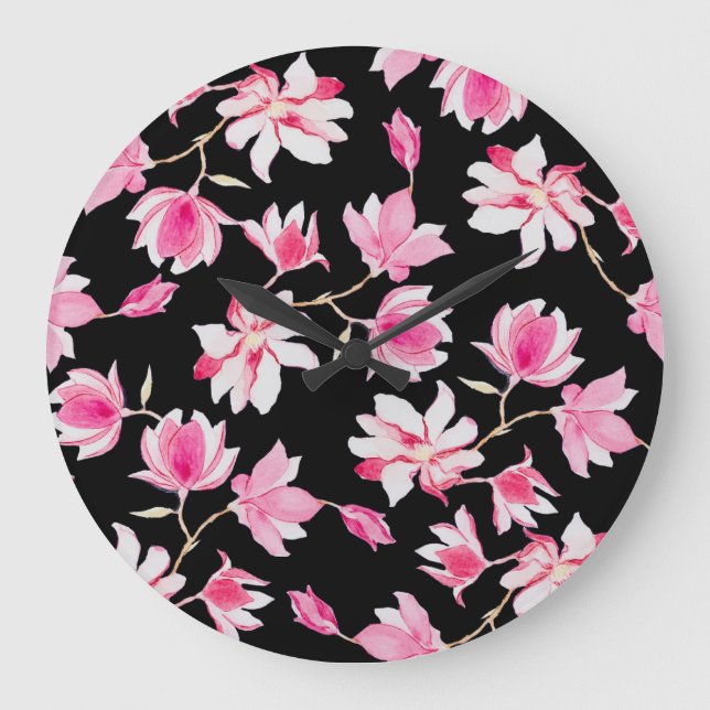 Romantic Magnolia: Black Watercolor Large Clock (Front)