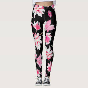 Romantic Magnolia: Black Watercolor Leggings