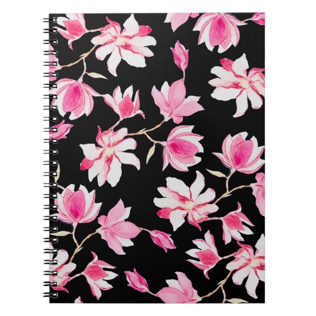 Romantic Magnolia: Black Watercolor Notebook (Front)