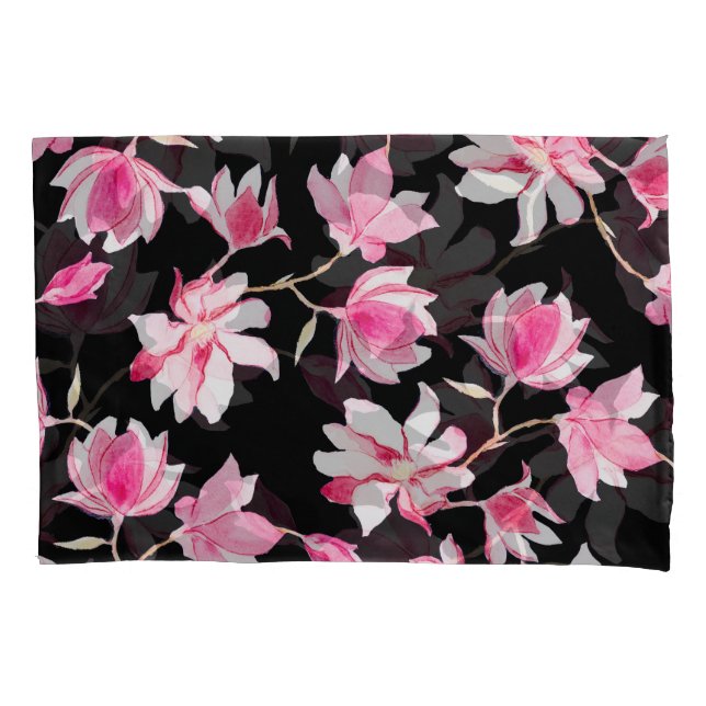 Romantic Magnolia: Black Watercolor Pillowcase (Front)