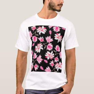 Romantic Magnolia: Black Watercolor T-Shirt