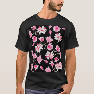 Romantic Magnolia: Black Watercolor T-Shirt