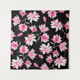 Romantic Magnolia: Black Watercolor Tapestry