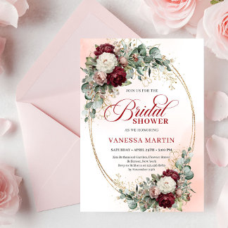 Romantic Maroon Floral Gold Bridal Shower Card