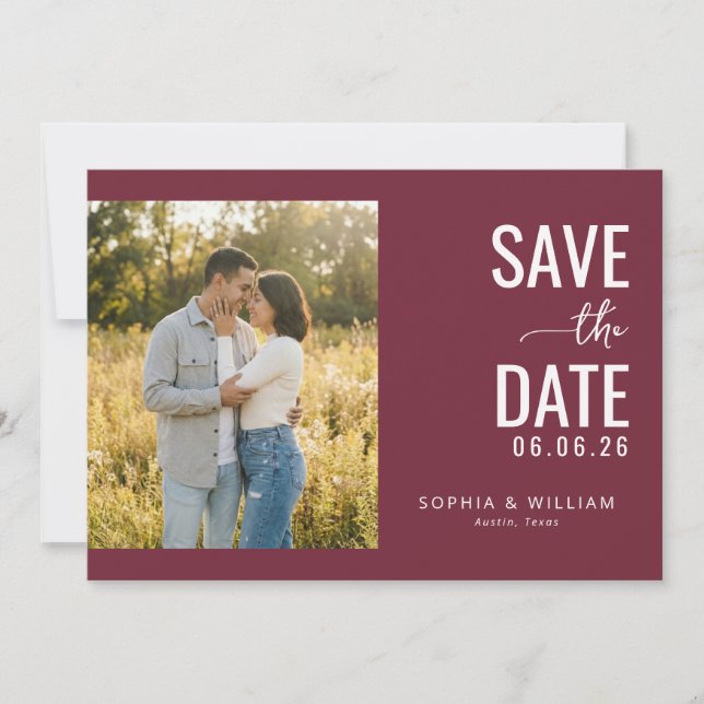 Romantic Maroon Minimalist Photo Save The Date (Front)