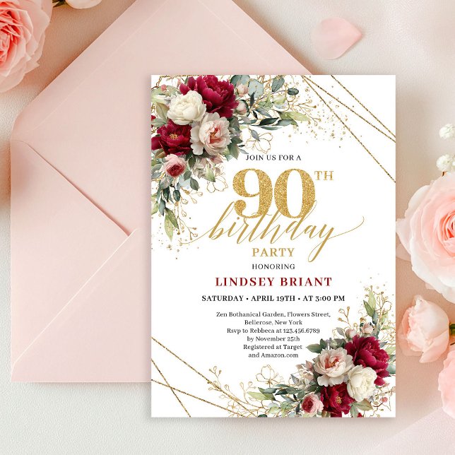Romantic Maroon Rose Gold 90th Birthday Invitation (Romantic Maroon Rose Gold 90th Birthday Invitation)
