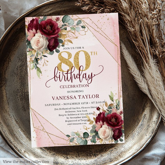 Romantic Marsala Blush Gold Flowers 80th Birthday  Invitation (Romantic Marsala Blush Gold Flowers 80th Birthday Invitation)