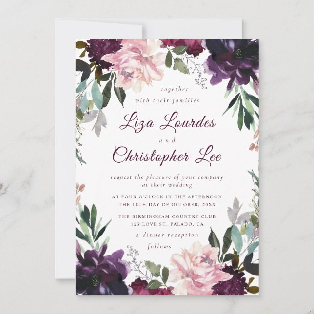 Romantic Marsala Burgundy Floral Wedding Invitation (Front)