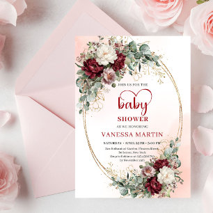 Romantic Marsala Flowers Heart-Shaped Font Baby  Invitation
