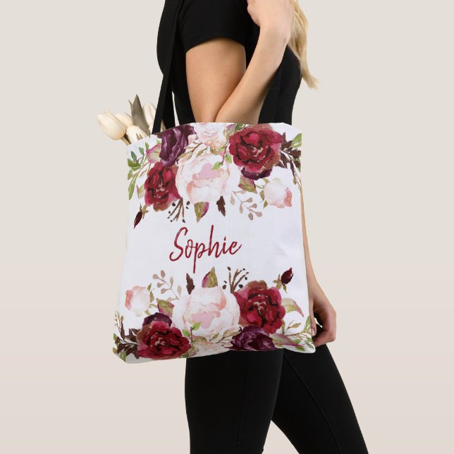 romantic marsala watercolor flowers bridesmaid tote bag (Close Up)
