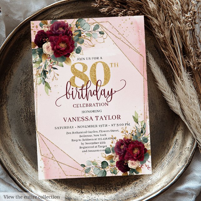 Romantic Marsala White Gold Flowers 80th Birthday  Invitation (Romantic Marsala White Gold Flowers 80th Birthday Invitation)