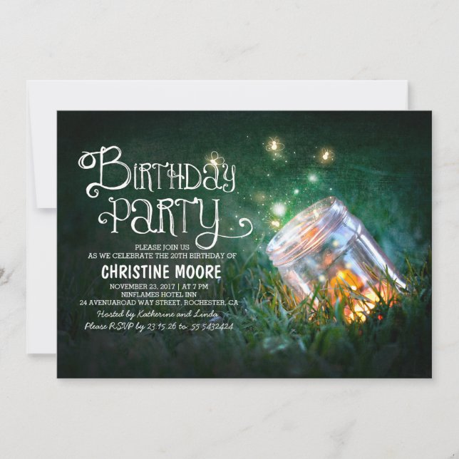 Romantic mason jar fireflies birthday party invite (Front)