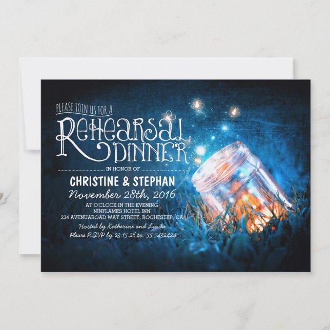 Romantic mason jar & fireflies rehearsal dinner invitation (Front)