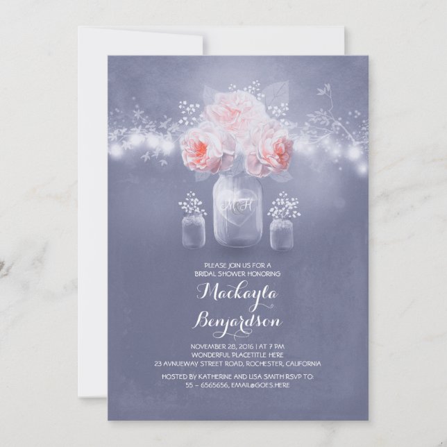 romantic mason jar rustic lights bridal shower invitation (Front)
