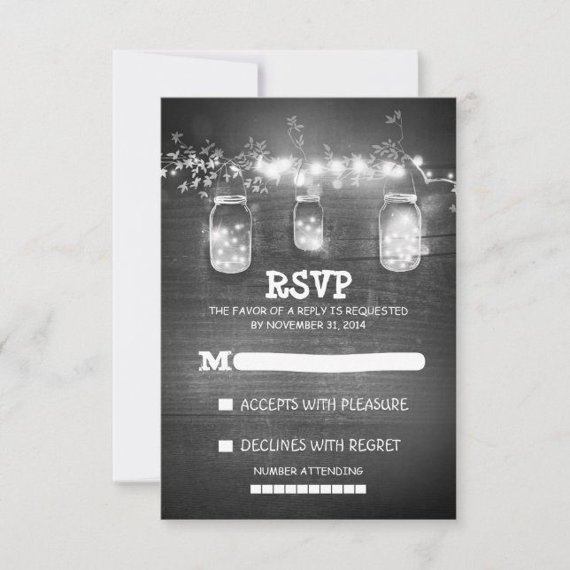 romantic mason jar string lights wedding RSVP card (Front)