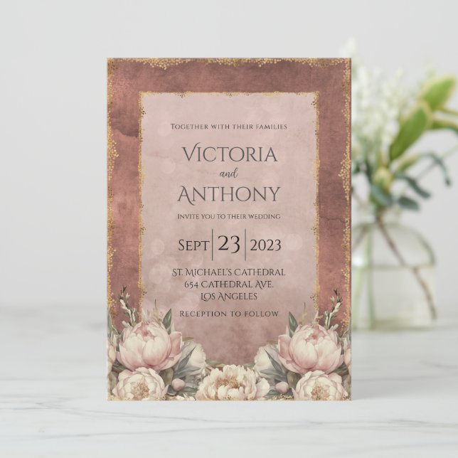 Romantic Mauve Gold Modern Wedding Invitation (Standing Front)