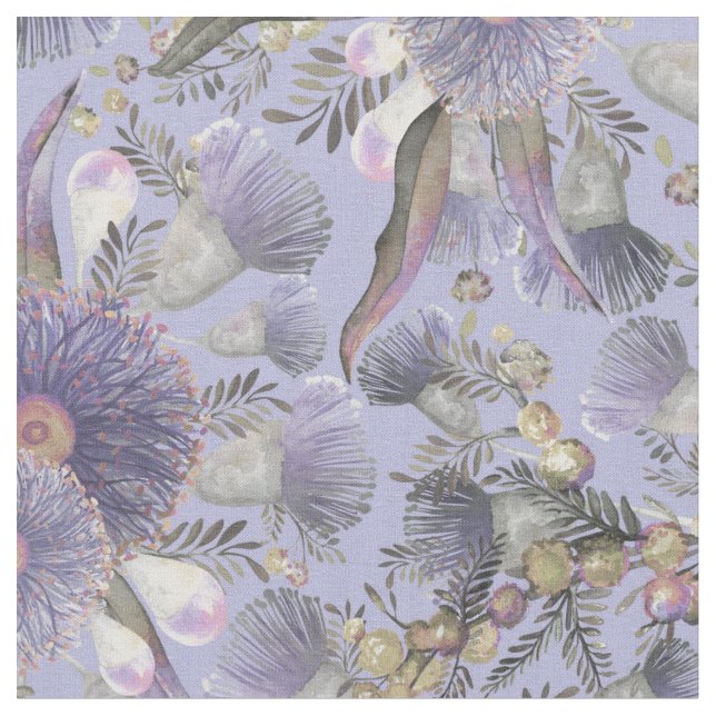 Romantic Mauve Wattle & Eucalyptus Fabric (Close Up)