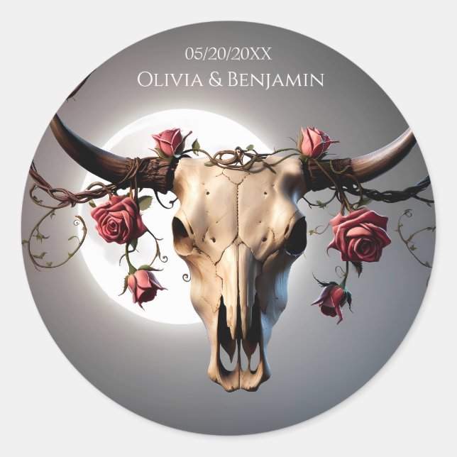 Romantic Mediaeval Floral Cow Skull Wedding Classic Round Sticker (Front)