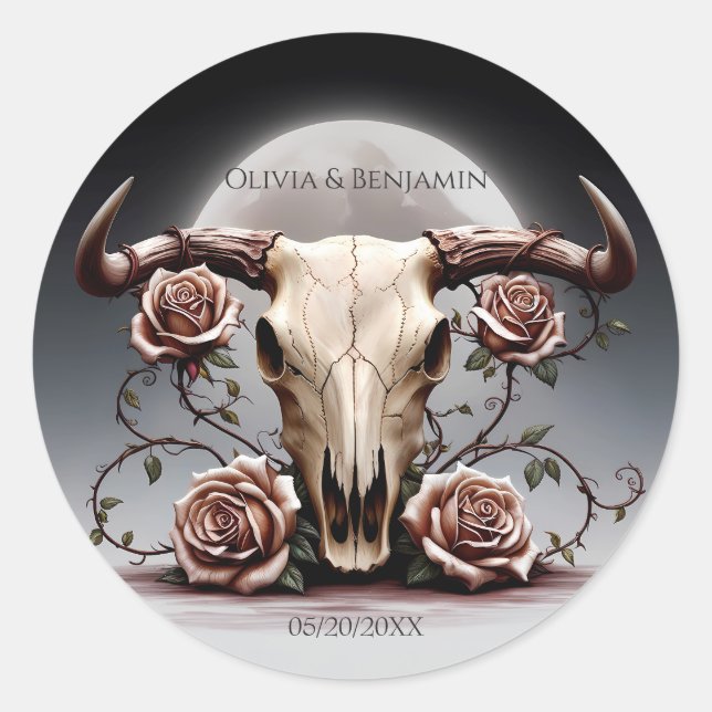 Romantic Mediaeval Floral Cow Skull Wedding Classic Round Sticker (Front)