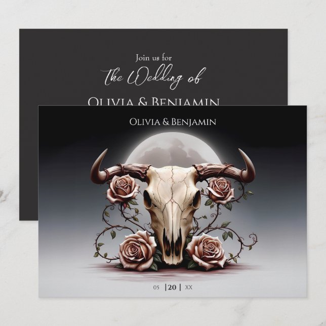Romantic Mediaeval Floral Cow Skull Wedding Invitation (Front/Back)