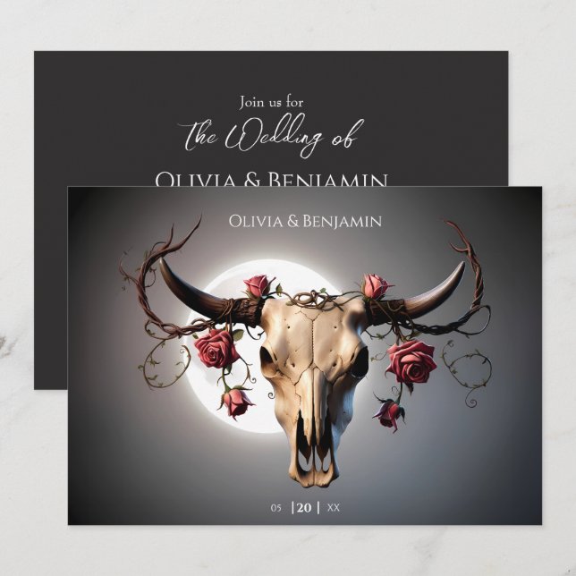 Romantic Mediaeval Floral Cow Skull Wedding Invitation (Front/Back)