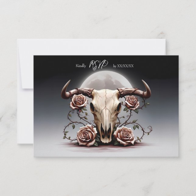 Romantic Mediaeval Floral Cow Skull Wedding RSVP Card (Front)