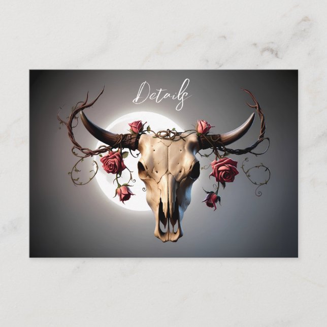 Romantic Mediaval Floral Cow Skull Wedding QR code Enclosure Card (Front)