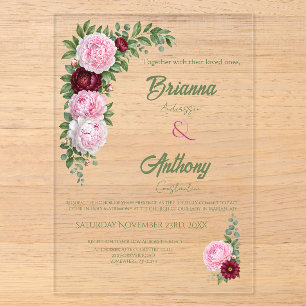Romantic Merlot And Pink Peony Botanical Wedding Acrylic Invitations