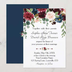 Romantic Merlot Navy Blue Floral Wedding Invitation