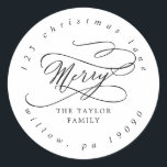 Romantic Merry Christmas Circular Return Address Classic Round Sticker<br><div class="desc">These romantic Merry Christmas circular return address stickers are perfect for a simple holiday card or invitation envelope. The modern classic design features fancy swirls and whimsical flourishes with gorgeous elegant hand lettered typography.</div>