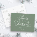 Romantic Merry Christmas Script Silky Sage Green Postcard<br><div class="desc">This simple Christmas postcard features elegant and romantic swirly calligraphy lettering with a winter holly berry bouquet and custom text on the back. For more advanced customisation of this design,  please click the BLUE DESIGN TOOL BUTTON above!</div>