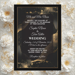 Romantic Minimal Black Gold Glitter Modern Wedding Invitation