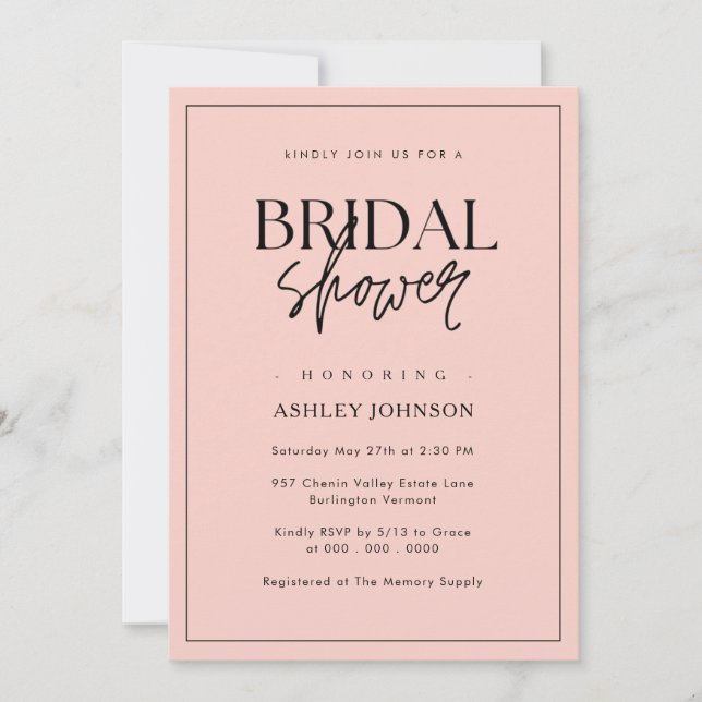 Romantic Minimal Script Blush Pink Bridal Shower Invitation (Front)