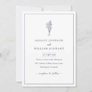 Romantic Minimalist Border Navy Blue Wedding Invitation