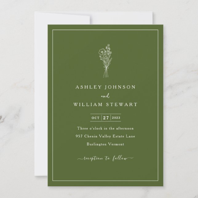 Romantic Minimalist Floral Moss Green Wedding Invitation (Front)