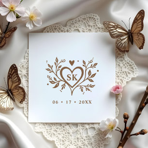 Romantic Minimalist Heart Swirls Monogram Initials Rubber Stamp