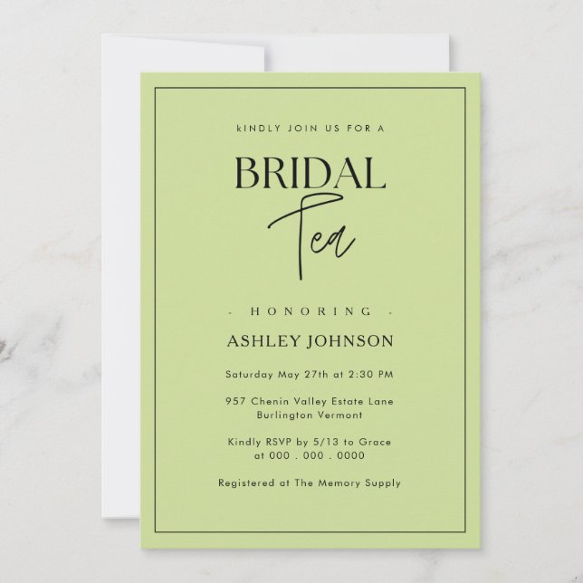 Romantic Minimalist Script Lime Green Bridal Tea Invitation (Front)