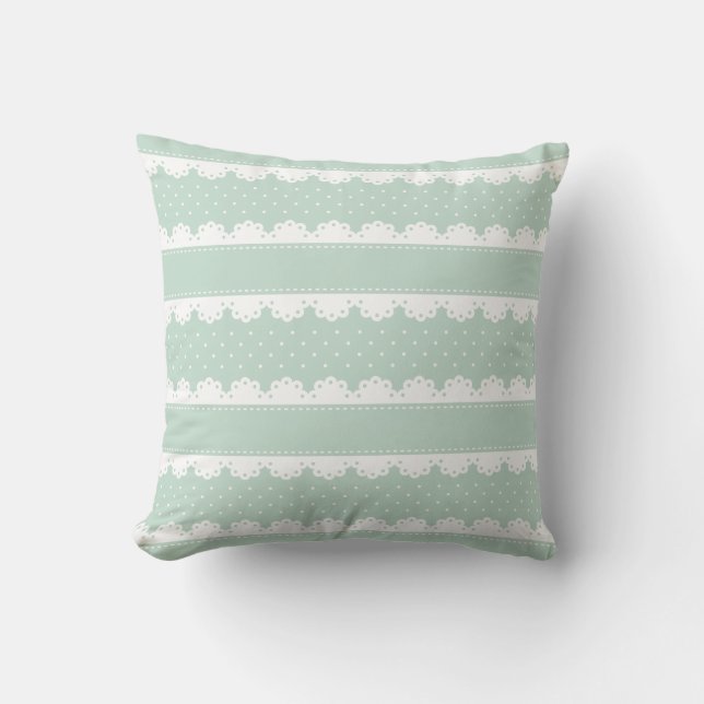Romantic Mint and White Polka Dot Lace Pattern Cushion (Front)