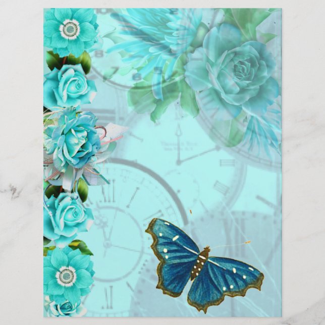 Romantic mint blue floral butterfly scrapbook pape (Front)