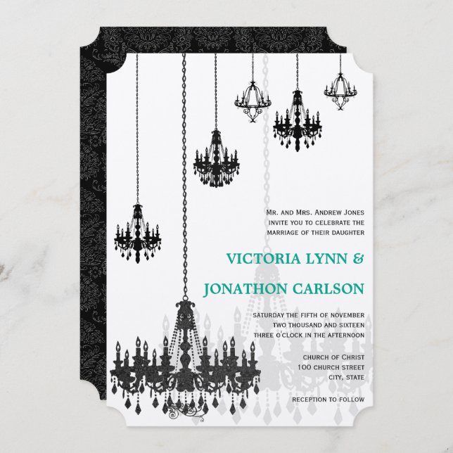 Romantic Mint Green Damask Chandeliers Wedding Invitation (Front/Back)