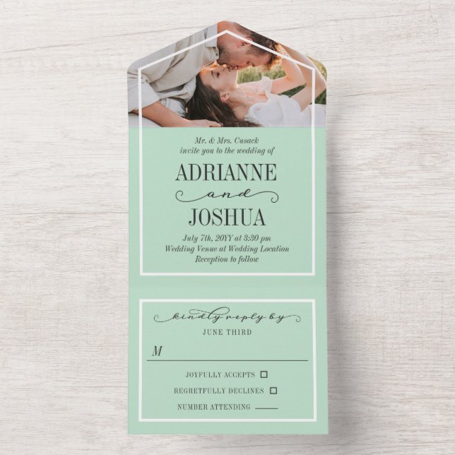 Romantic Mint Green Photo Wedding All In One Invitation (Inside)